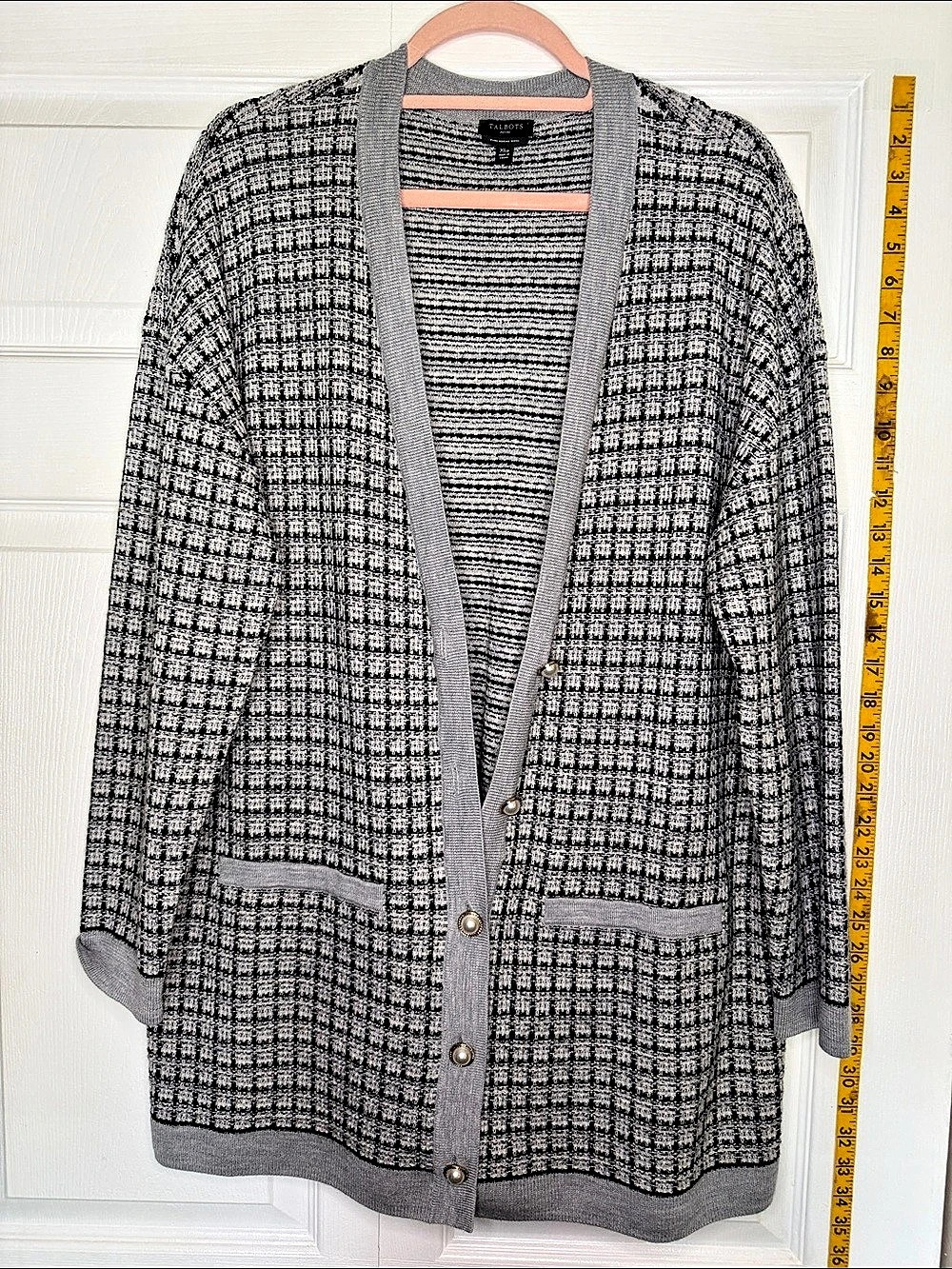 Talbots Pure Merino Wool Tweed Cardigan Gray & Black XL